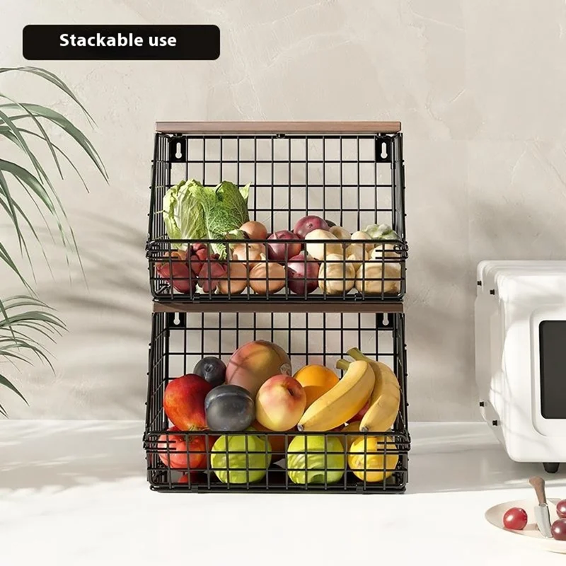 Estante de Almacenamiento de Cocina Montado en Pared - Estantería Pequeña de Hierro y Madera Plegable con Cesta para Verduras y Frutas para Cocina y Balcón