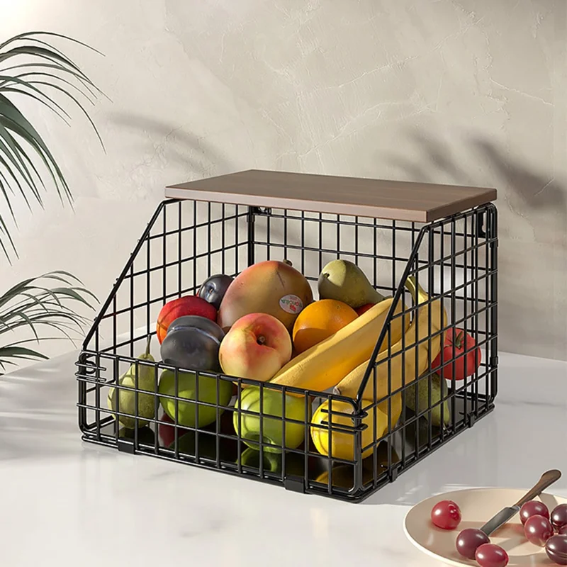 Prateleira de armazenamento de cozinha montada na parede Tamanho grande Organizador de ferro grosso e madeira Cesta dobrável de frutas e legumes