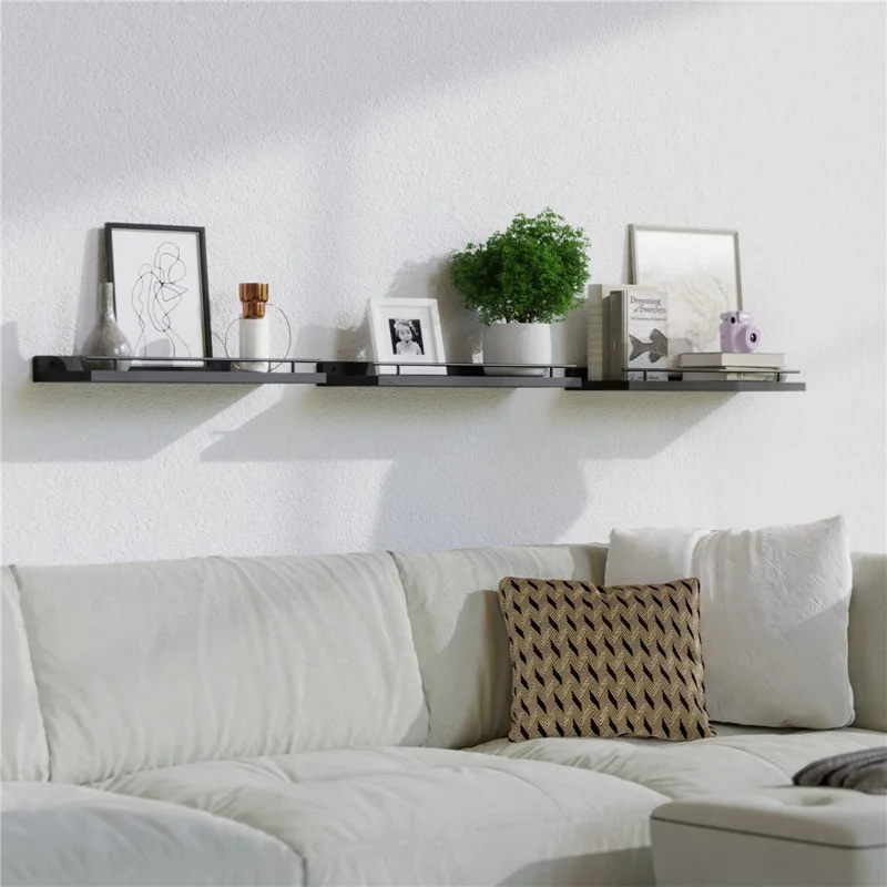 Conjunto de 3 Prateleiras Flutuantes com Trilho de Metal Prateleira de Armazenamento de Parede Montada no Banheiro - Preto