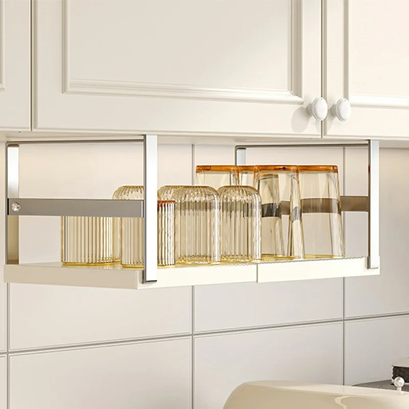 Mensola Organizzativa Regolabile 27-45 cm per Armadio da Cucina - Scaffale Pensile in Acciaio Carbonio con Supporto Appendibile - Acciaio Inossidabile + Bianco