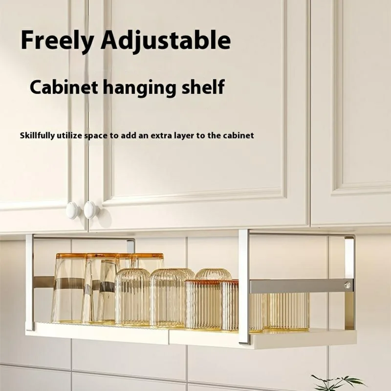 Mensola Organizzativa Regolabile 27-45 cm per Armadio da Cucina - Scaffale Pensile in Acciaio Carbonio con Supporto Appendibile - Acciaio Inossidabile + Bianco