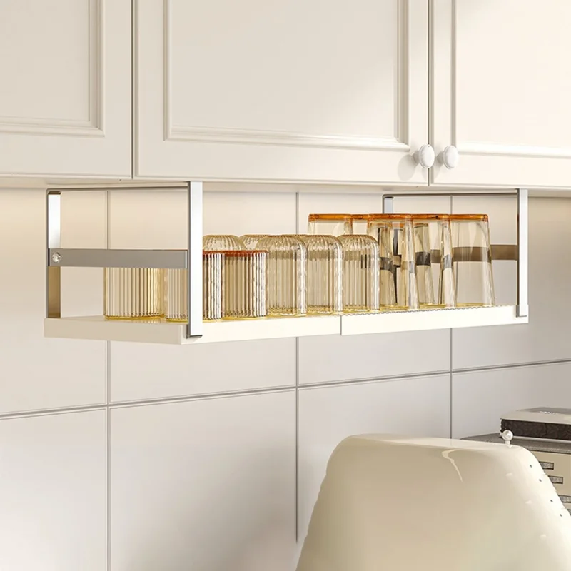 Prateleira de Armazenamento Ajustável 45-63cm para Armário de Cozinha - Aço Carbono com Suporte Suspenso, em Aço Inoxidável + Branco