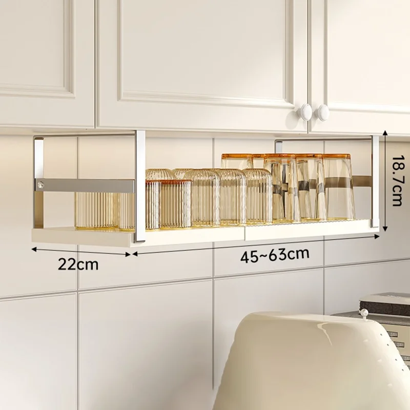 Prateleira de Armazenamento Ajustável 45-63cm para Armário de Cozinha - Aço Carbono com Suporte Suspenso, em Aço Inoxidável + Branco