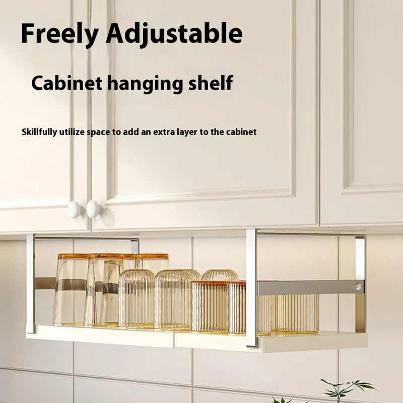Prateleira de Armazenamento Ajustável 45-63cm para Armário de Cozinha - Aço Carbono com Suporte Suspenso, em Aço Inoxidável + Branco