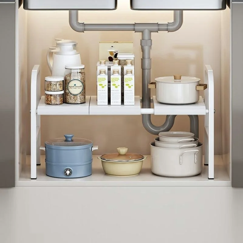 53-88cm Length Telescopic Under Sink Organizer Carbon Steel Kitchen Storage Rack, Single Layer 3 Boards - White