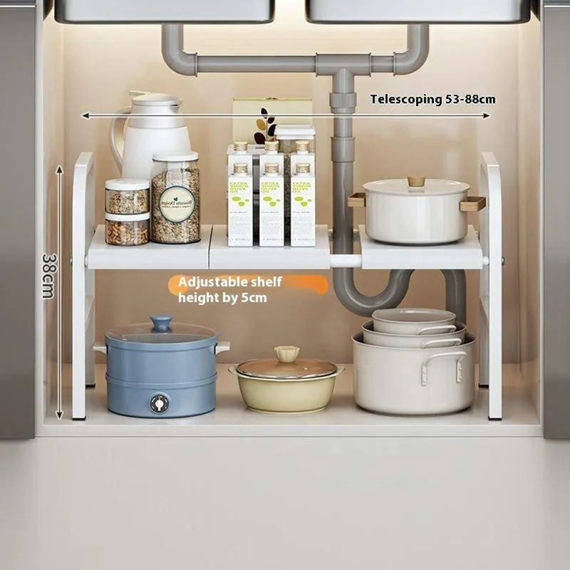 53-88cm Length Telescopic Under Sink Organizer Carbon Steel Kitchen Storage Rack, Single Layer 3 Boards - White