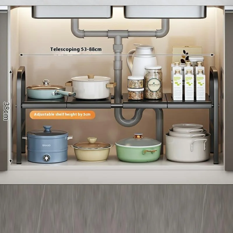 Expandable Under Sink Organizer Carbon Steel Kitchen Cabinet Storage Rack Single Tier 4 Boards Adjustable Shelf - Black