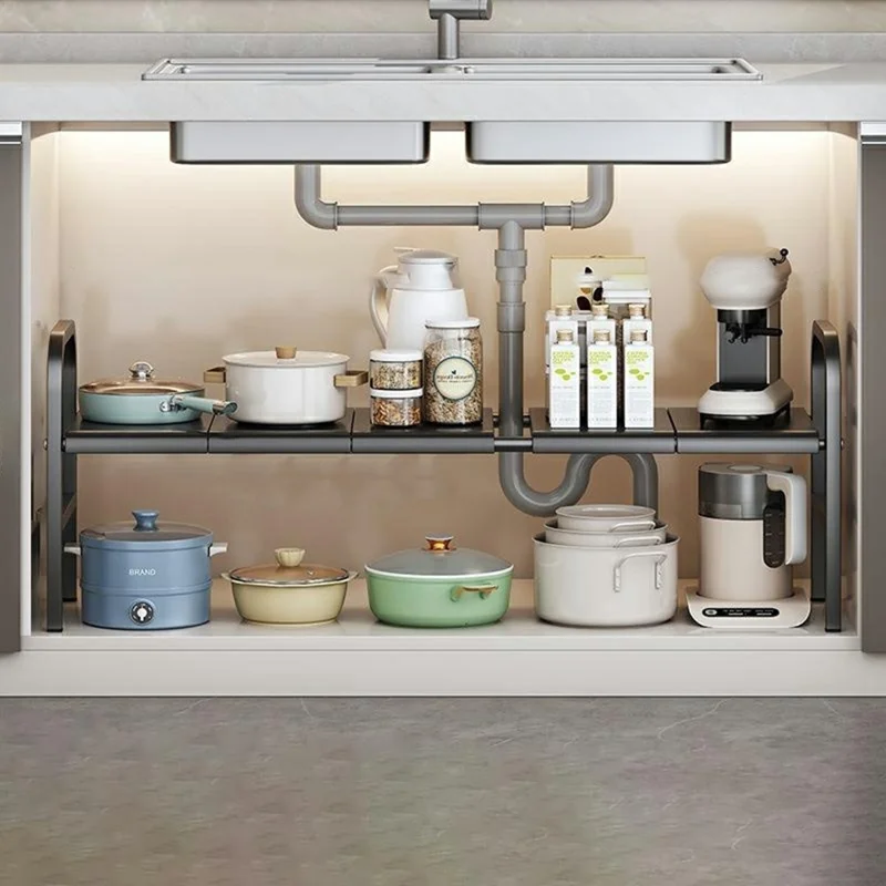 Expandable Under Sink Organizer Carbon Steel Kitchen Cabinet Storage Rack Single Tier 5 Boards Adjustable Shelf - Black