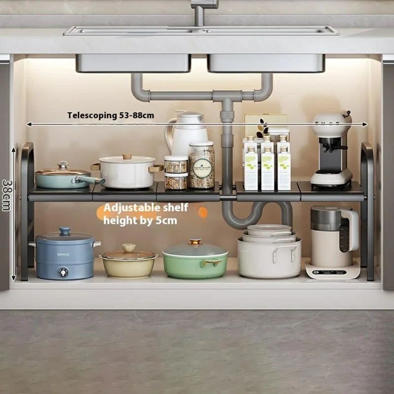 Expandable Under Sink Organizer Carbon Steel Kitchen Cabinet Storage Rack Single Tier 5 Boards Adjustable Shelf - Black