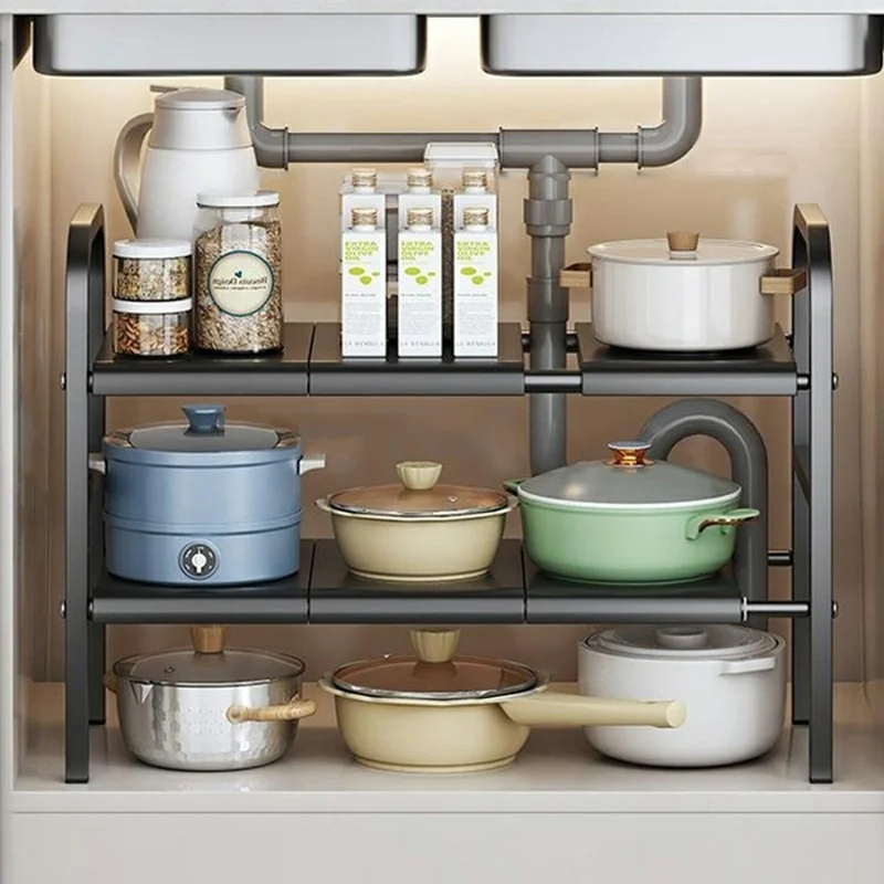 Expandable Under Sink Organizer Carbon Steel Kitchen Cabinet Storage Rack Single Tier 6 Boards Adjustable Shelf - Black