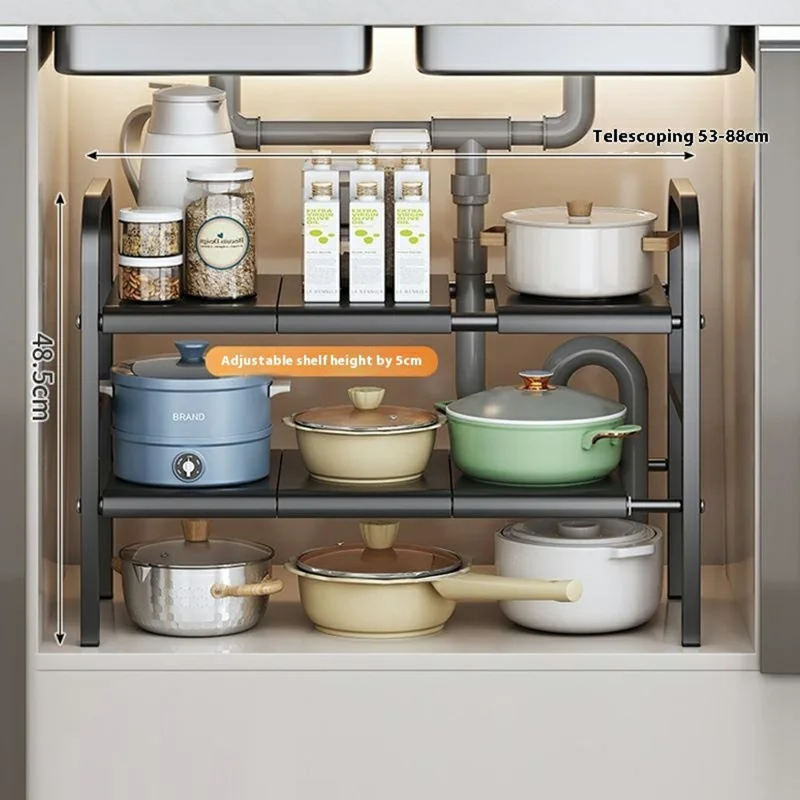 Expandable Under Sink Organizer Carbon Steel Kitchen Cabinet Storage Rack Single Tier 6 Boards Adjustable Shelf - Black