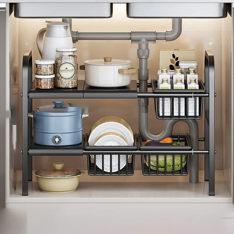 Expandable Under Sink Organizer with 3 Storage Baskets Carbon Steel Kitchen Cabinet Storage Rack 2-Tier 3 Boards Adjustable Shelf - Black