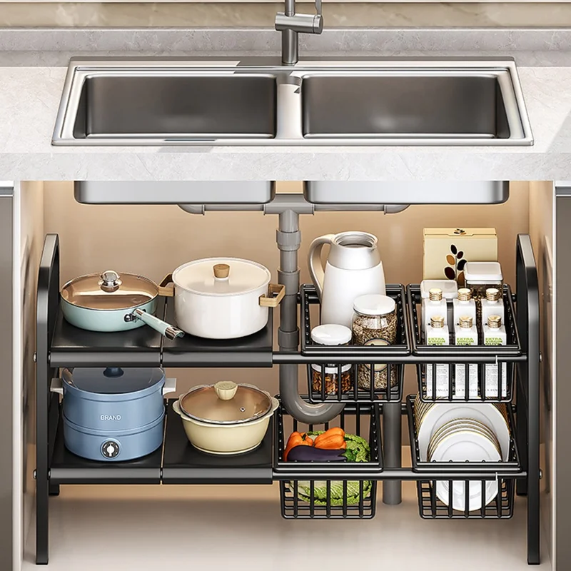 Expandable Under Sink Organizer with 4 Storage Baskets Carbon Steel Kitchen Cabinet Storage Rack 2-Tier 4 Boards Adjustable Shelf - Black