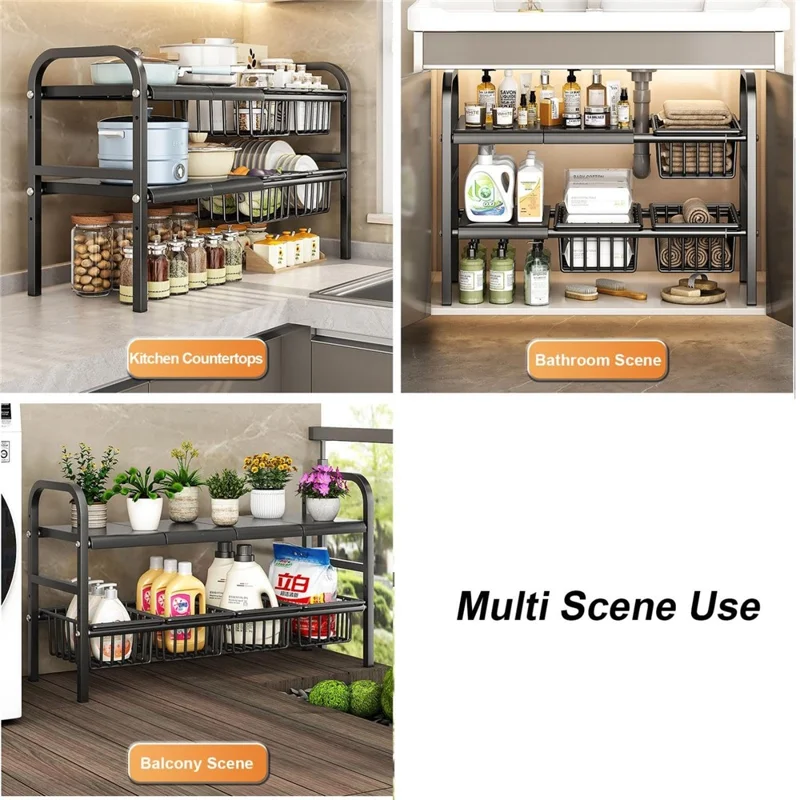 Expandable Under Sink Organizer with 4 Storage Baskets Carbon Steel Kitchen Cabinet Storage Rack 2-Tier 4 Boards Adjustable Shelf - Black
