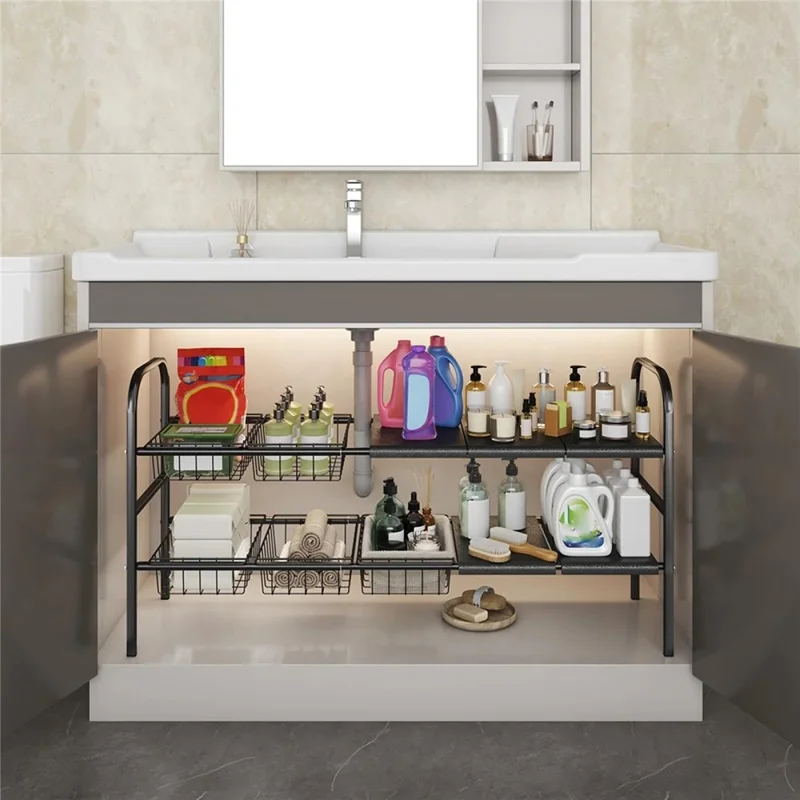 Expandable Under Sink Organizer with 5 Storage Baskets Carbon Steel Kitchen Cabinet Storage Rack 2-Tier 5 Boards Adjustable Shelf - White - Black