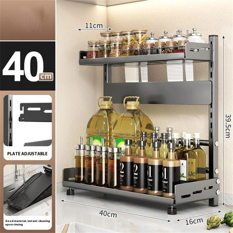Organizador de Especias para Cocina de 2 Niveles, 40 cm de Ancho, Estantería de Almacenamiento de Encimera, Soporte para Utensilios y Cuchillos - Gris