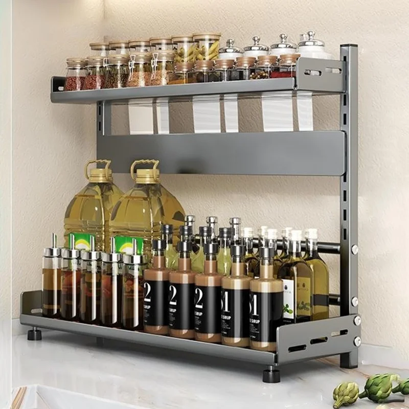 Organizador de Especias para Cocina de 2 Niveles, 50 cm de Ancho, Estante de Almacenamiento para Encimera, Soporte para Cuchillos y Cubiertos - Gris