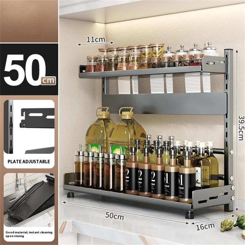 Organizador de Especias para Cocina de 2 Niveles, 50 cm de Ancho, Estante de Almacenamiento para Encimera, Soporte para Cuchillos y Cubiertos - Gris