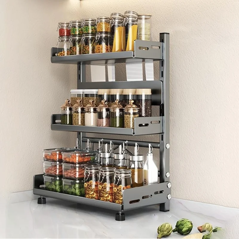 Organizzatore Porta Spezie da Cucina a 3 Ripiani, Larghezza 30 cm, Scaffale da Bancone per Utensili e Portacoltelli - Grigio