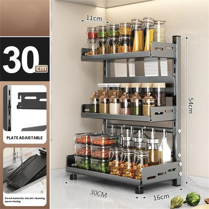 Organizzatore Porta Spezie da Cucina a 3 Ripiani, Larghezza 30 cm, Scaffale da Bancone per Utensili e Portacoltelli - Grigio