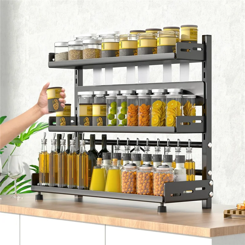 Organizzatore Porta Spezie da Cucina a 3 Ripiani, Larghezza 30 cm, Scaffale da Bancone per Utensili e Portacoltelli - Grigio