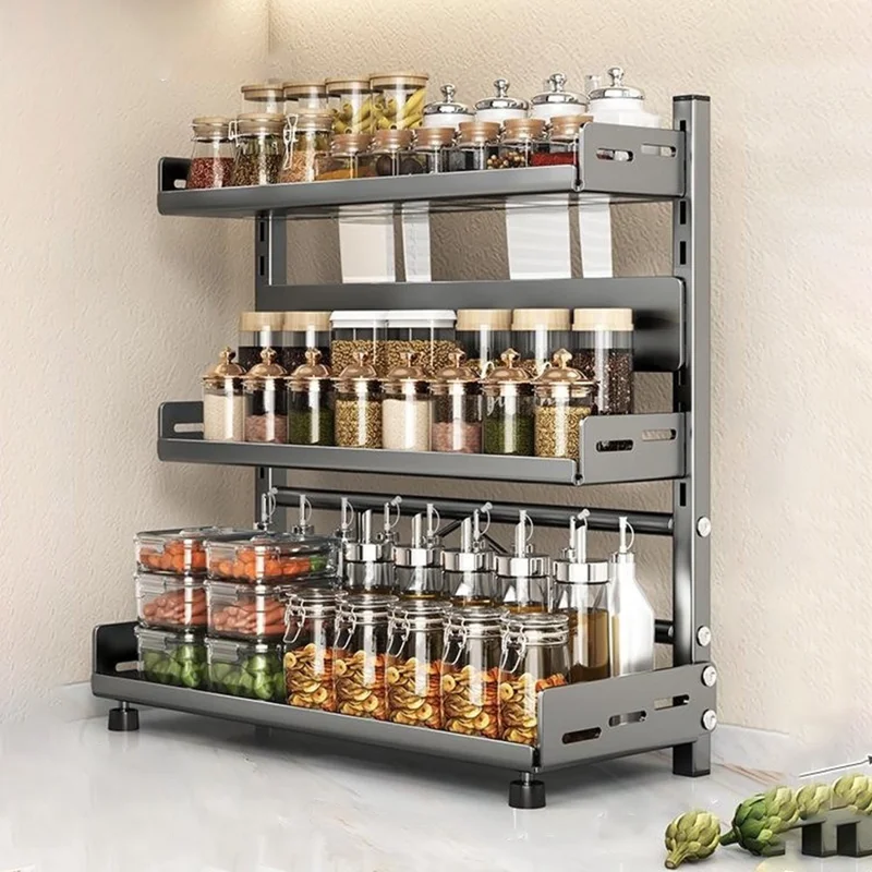 Organizador de Especias para Cocina de 3 Niveles de 40 cm de Ancho, Estante de Almacenamiento de Encimera, Soporte para Utensilios y Cuchillos - Gris