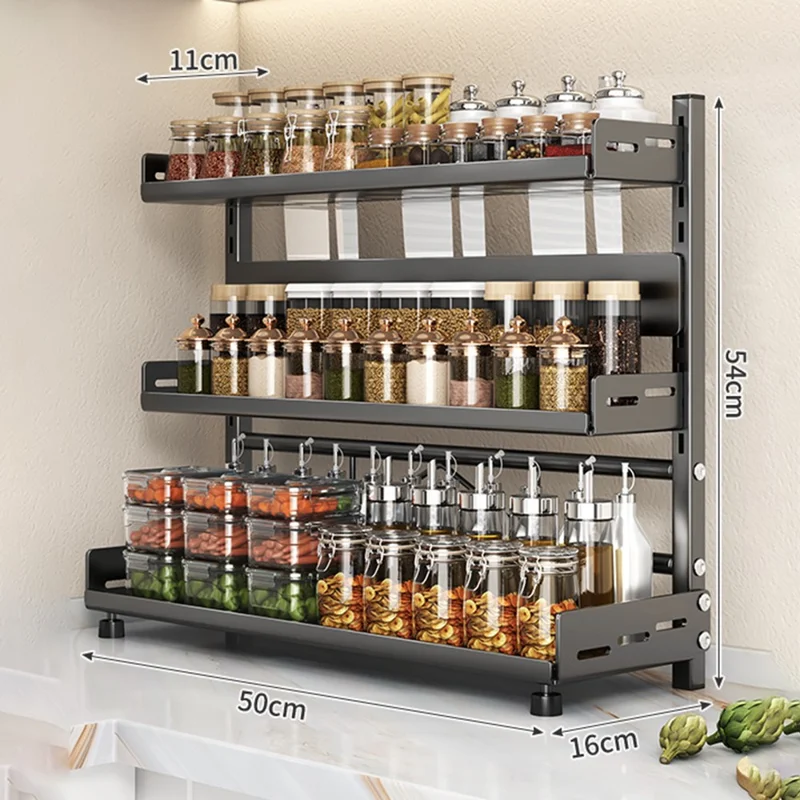 Gewürzregal-Organizer 3-stufig 50 cm breit Arbeitsplatten-Aufbewahrungsregal Utensilien-Halter für Messer und Besteck - Grau
