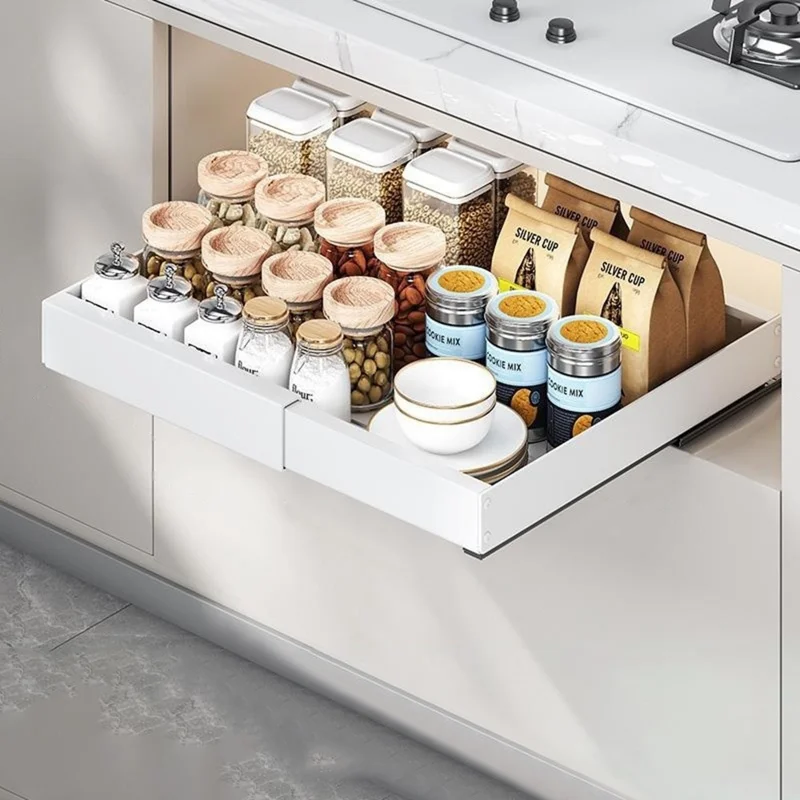 Extendable Under Sink Organizer Pull Out Kitchen Cabinet Drawer 32 - 50cm Length 52cm Width Storage Rack - White