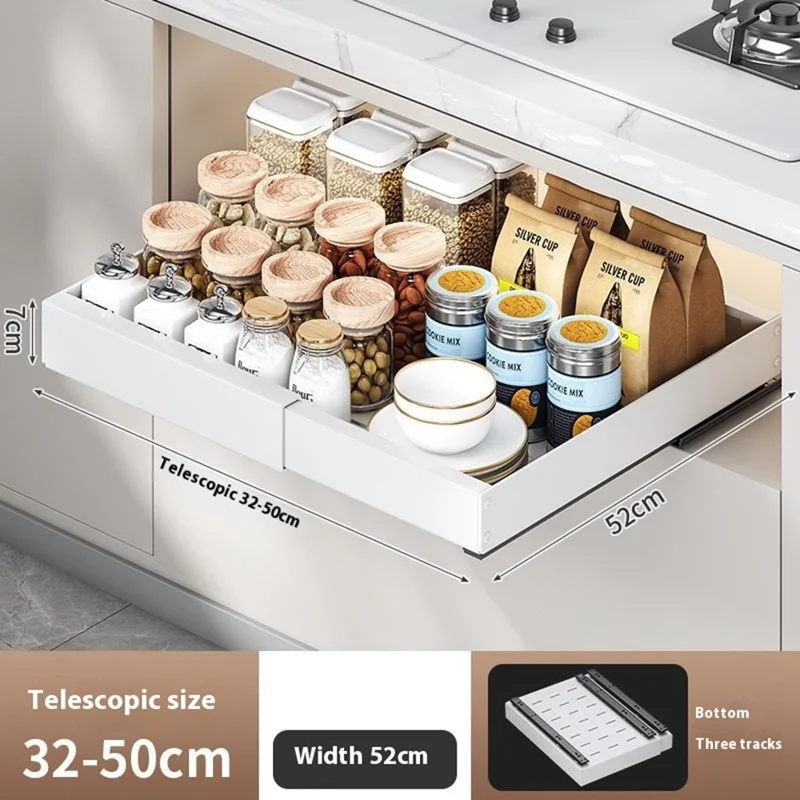 Extendable Under Sink Organizer Pull Out Kitchen Cabinet Drawer 32 - 50cm Length 52cm Width Storage Rack - White
