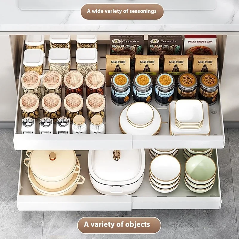 Extendable Under Sink Organizer Pull Out Kitchen Cabinet Drawer 32 - 50cm Length 52cm Width Storage Rack - White