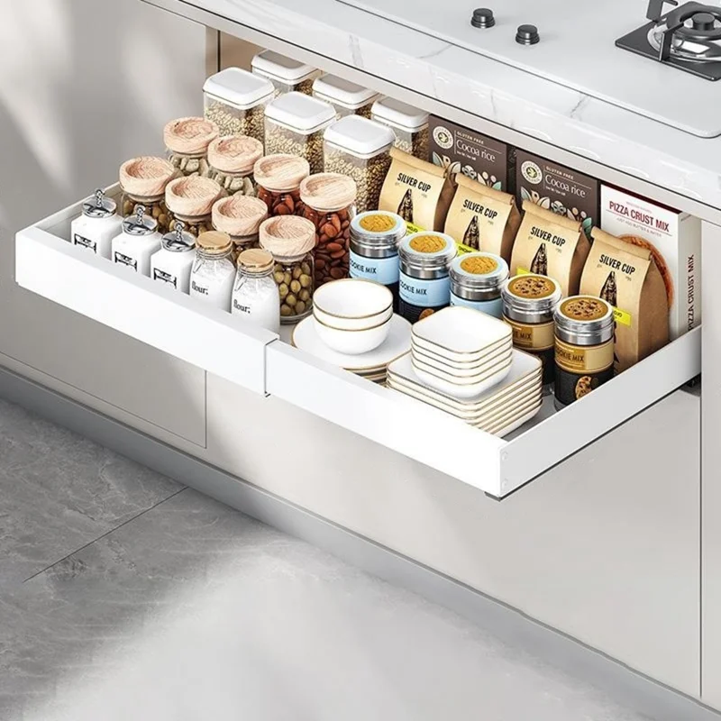 Extendable Under Sink Organizer Pull Out Kitchen Cabinet Drawer 42 - 68cm Length 42cm Width Storage Rack - White