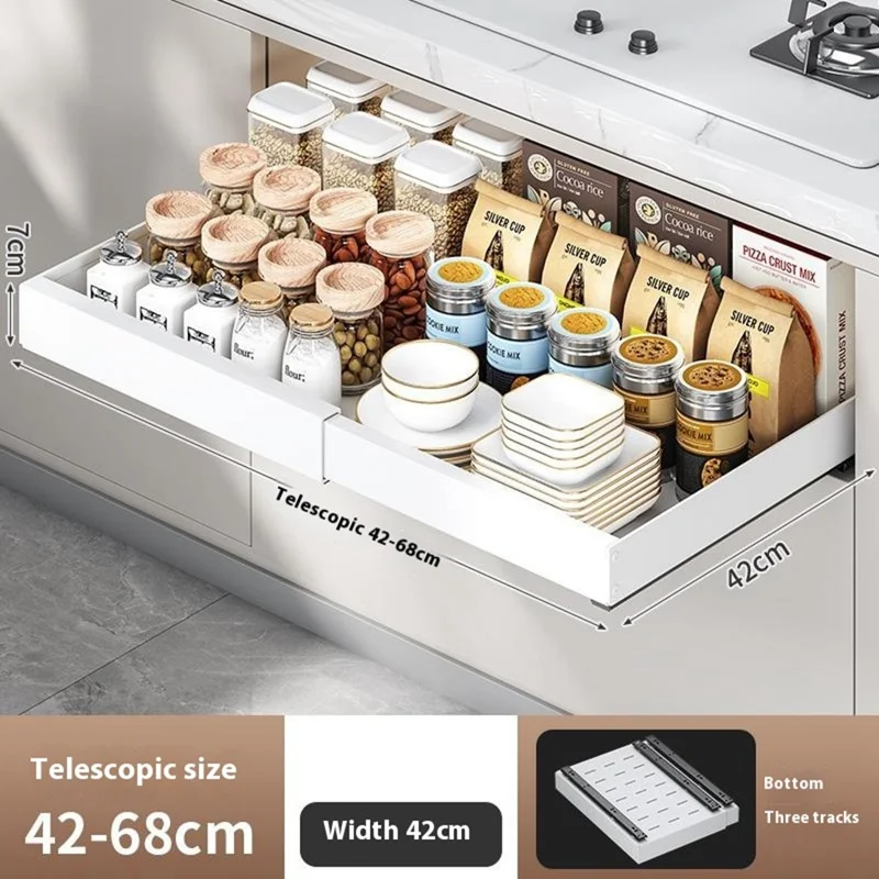 Extendable Under Sink Organizer Pull Out Kitchen Cabinet Drawer 42 - 68cm Length 42cm Width Storage Rack - White