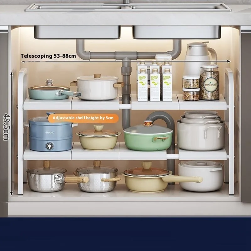 Organizador Telescópico para Armário de Pia de 53-88cm, Rack de Armazenamento de Cozinha em Aço Carbono, Camada Dupla / 8 Prateleiras - Branco