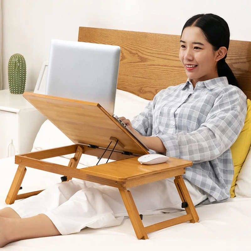 Table portable en bambou de 64 cm, hauteur ajustable et pliable, pour lecture, écriture et travail, Taille M - Couleur bambou