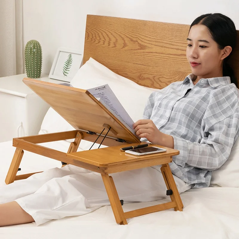 Table portable en bambou de 88 cm de long, hauteur ajustable et pliable, pour lecture, écriture et travail, Taille L - Couleur bambou