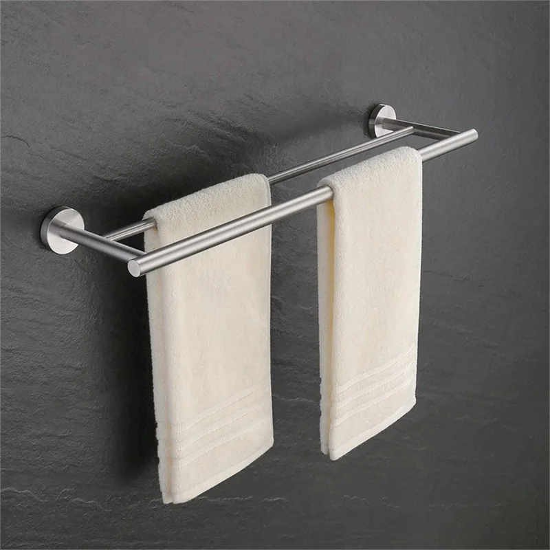Portasciugamani a doppia barra moderno da 60 cm in acciaio inossidabile, montaggio a parete per bagno con ripiano di stoccaggio