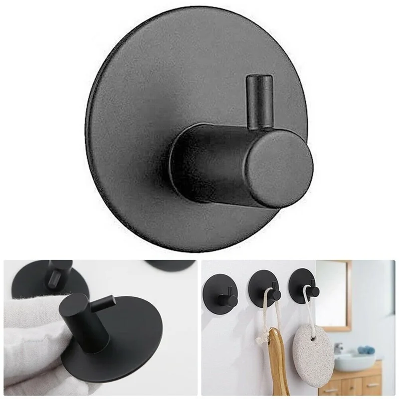 Gancio in Acciaio Inox Tipo Cavo con Colla Senza Foratura Appendiabiti Rotondo da Parete per Asciugamani Cappotti Ombrelli - Nero