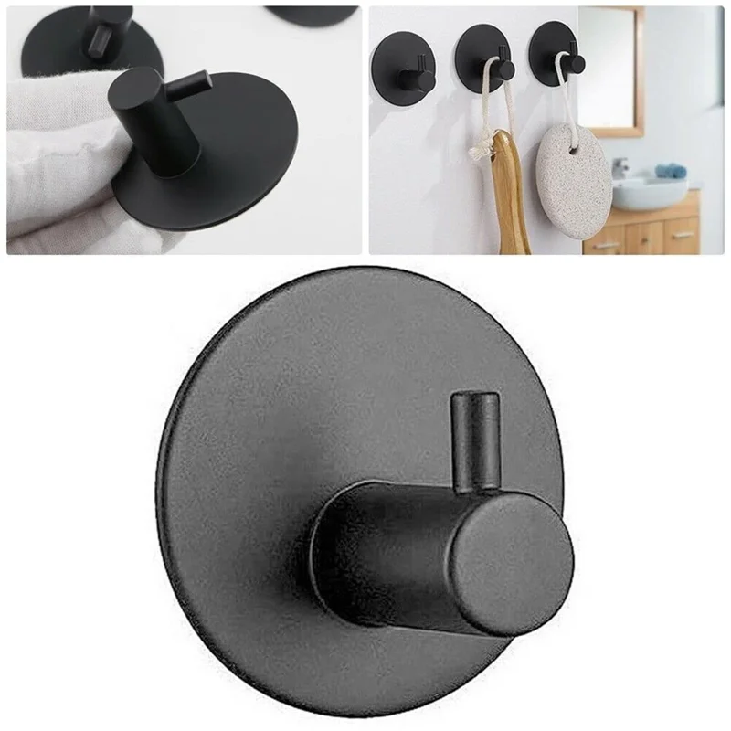 Gancio in Acciaio Inox Tipo Cavo con Colla Senza Foratura Appendiabiti Rotondo da Parete per Asciugamani Cappotti Ombrelli - Nero
