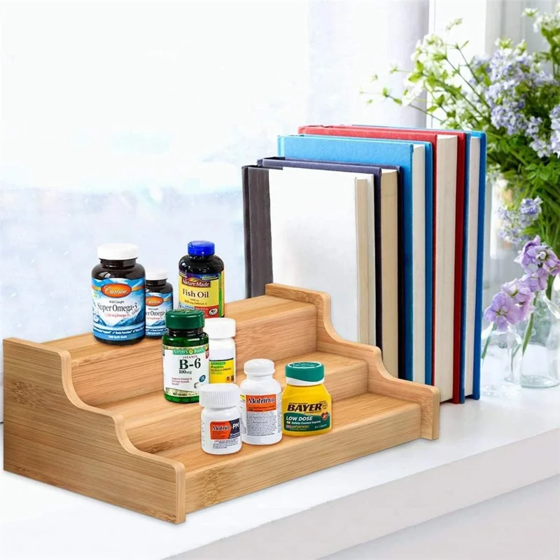 Scaffale per spezie a 3 ripiani in bambù per cucina - Organizer per condimenti e erbe aromatiche da bancone (confezione da 2 pezzi)