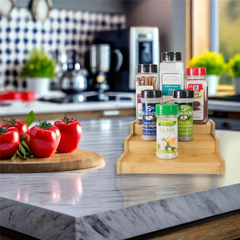 Scaffale per spezie a 3 ripiani in bambù per cucina - Organizer per condimenti e erbe aromatiche da bancone (confezione da 2 pezzi)