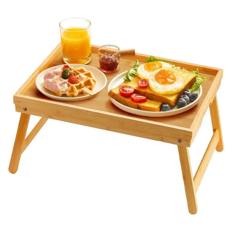 Mesa de Laptop Dobrável de Bambu para Cama, Mesa Preguiçosa para Estudo, Trabalho e Café da Manhã