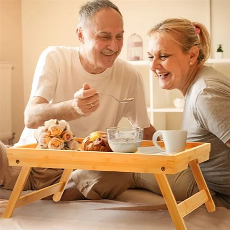 Mesa de Laptop Dobrável de Bambu para Cama, Mesa Preguiçosa para Estudo, Trabalho e Café da Manhã