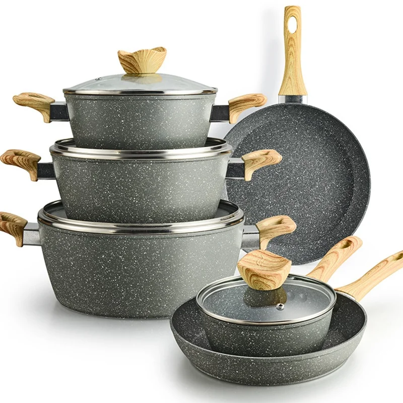 Conjunto de Panelas Maifanite para Cozinha com Textura de Mármore, Frigideira Antiaderente e Panela de Sopa (Livre de BPA, Sem FDA) - Cinza