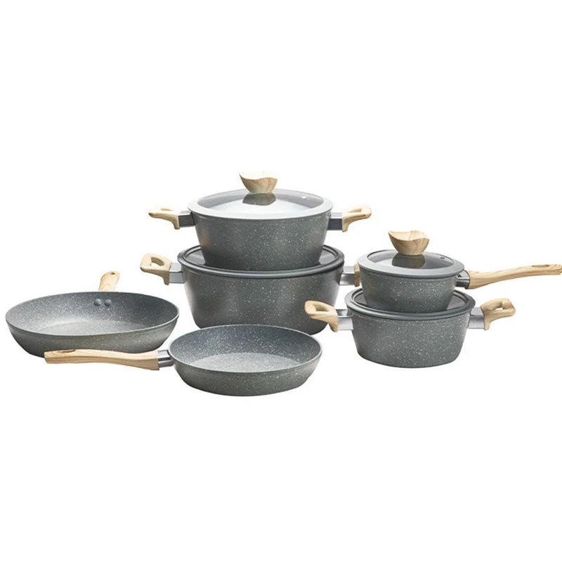 Conjunto de Panelas Maifanite para Cozinha com Textura de Mármore, Frigideira Antiaderente e Panela de Sopa (Livre de BPA, Sem FDA) - Cinza