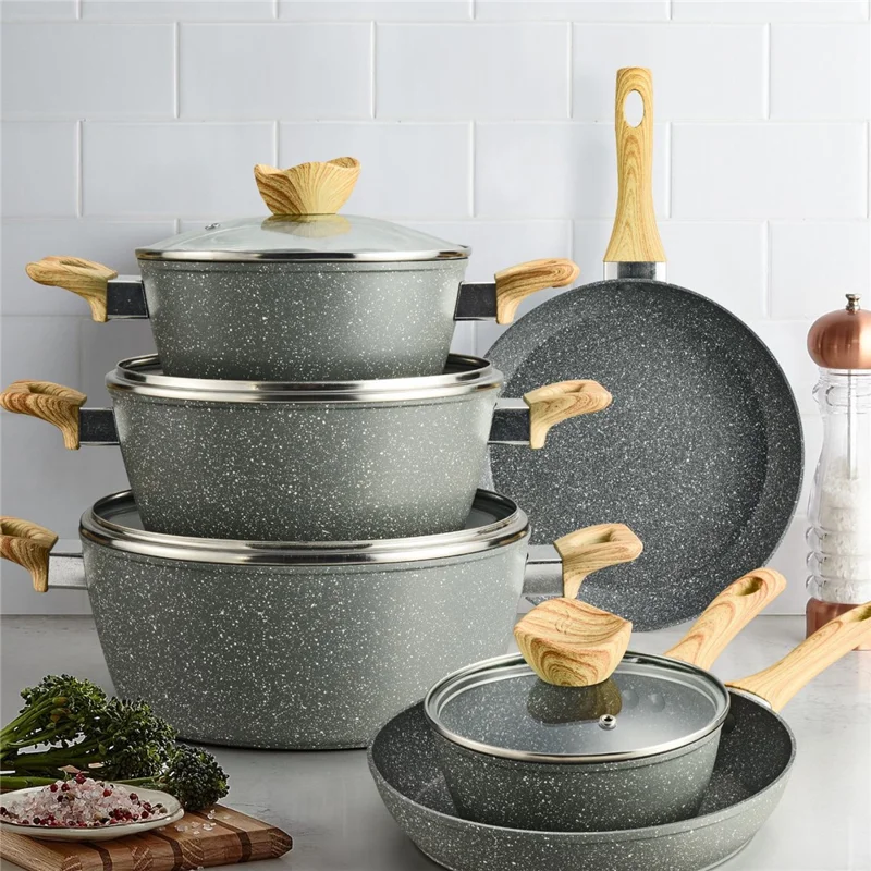 Conjunto de Panelas Maifanite para Cozinha com Textura de Mármore, Frigideira Antiaderente e Panela de Sopa (Livre de BPA, Sem FDA) - Cinza
