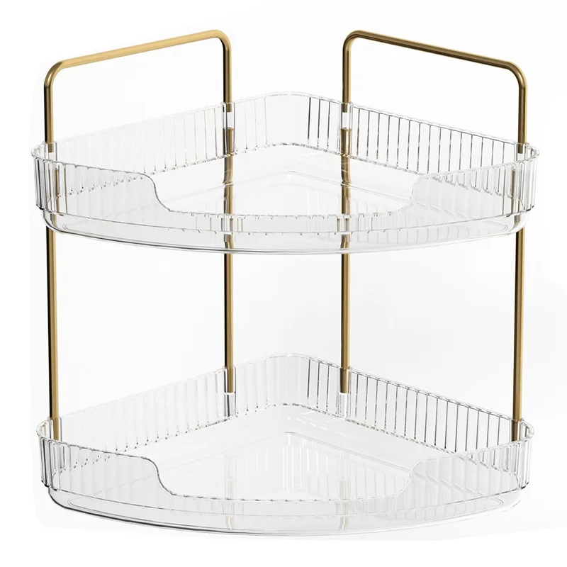 Organizzatore da Scrivania ad Angolo a 2 Ripiani per Trucchi - Scaffale Portaoggetti per Camera da Letto e Bagno, Porta Cosmetici e Skincare - Bianco Trasparente