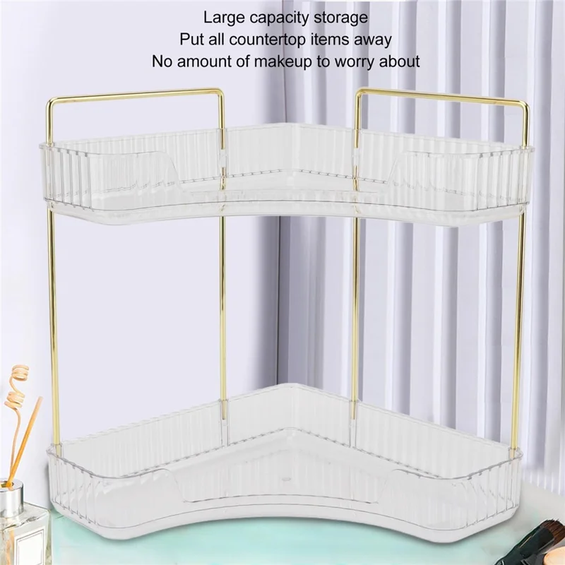 Organizzatore da Scrivania ad Angolo a 2 Ripiani per Trucchi - Scaffale Portaoggetti per Camera da Letto e Bagno, Porta Cosmetici e Skincare - Bianco Trasparente