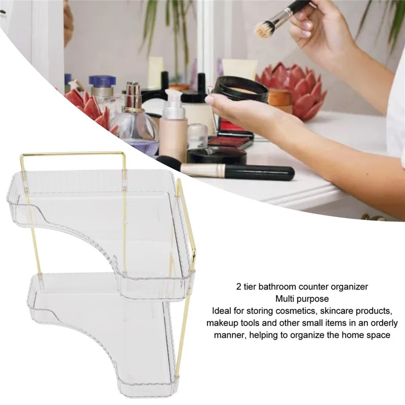 Organizzatore da Scrivania ad Angolo a 2 Ripiani per Trucchi - Scaffale Portaoggetti per Camera da Letto e Bagno, Porta Cosmetici e Skincare - Bianco Trasparente