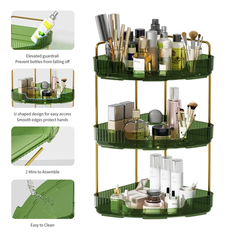 Organizzatore da scrivania ad angolo a 3 livelli Mensola per il trucco Ripiano per camera da letto Bagno Vanità Scaffale per cosmetici e skincare - Verde trasparente