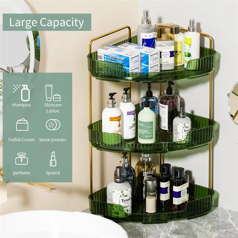 Organizzatore da scrivania ad angolo a 3 livelli Mensola per il trucco Ripiano per camera da letto Bagno Vanità Scaffale per cosmetici e skincare - Verde trasparente